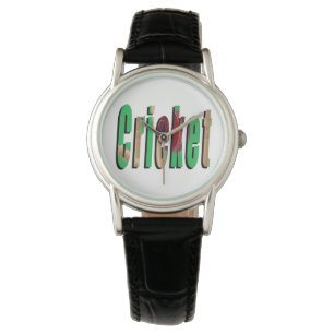 Cricket Game Logo, Ladys Black Leather Watch Armbanduhr