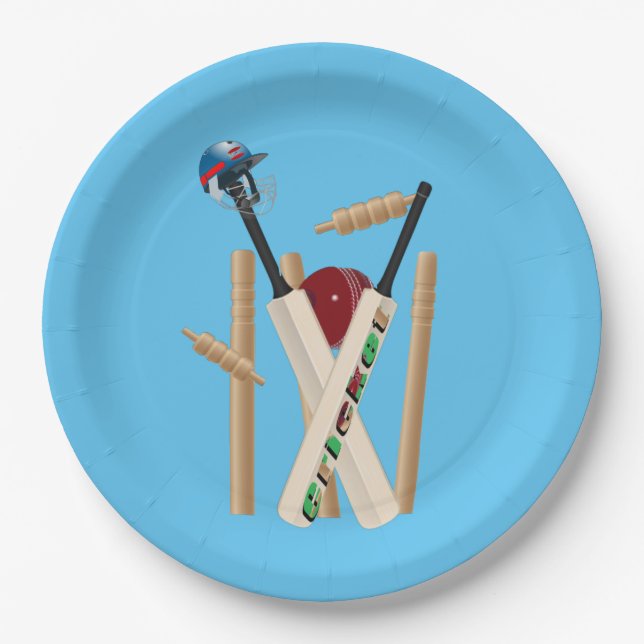 Cricket-Wickel, Helm, Fledermäuse und Ballast, Pappteller (Vorderseite)