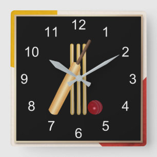 Cricket - wicket, bat and ball, popular design, quadratische wanduhr