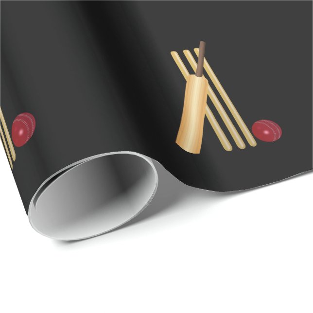 Cricket - Wicket, Bat and Ball, schwarzer Hintergr Geschenkpapier (Rolleneckpunkt)