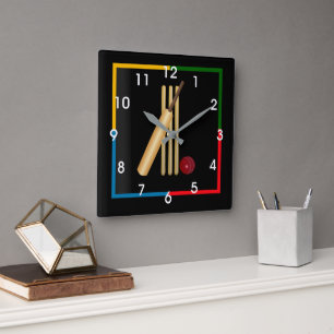 Cricket, Wicket, Schläger und Ball,  Quadratische Wanduhr