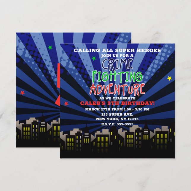 Crime Fighting Adventure Super Hero Birthday Party Einladung (Vorne/Hinten)