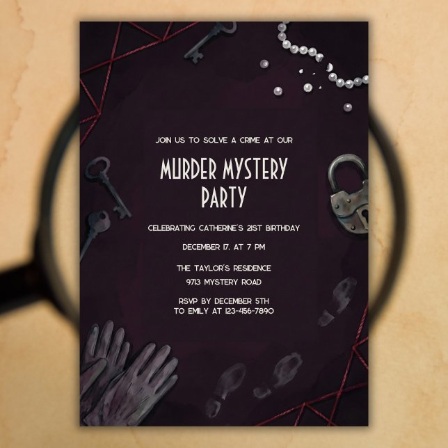 Crime Scene Murder Mystery Birthday Party Einladung (Murder Mystery Birthday – Noir Crime Scene, Keys & Pearls, Personalized)