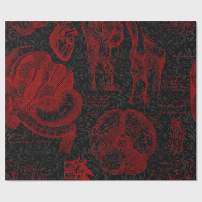 Crimson & Black Damask gemusterte Vampyre-Anatomie Geschenkpapier (Flach)