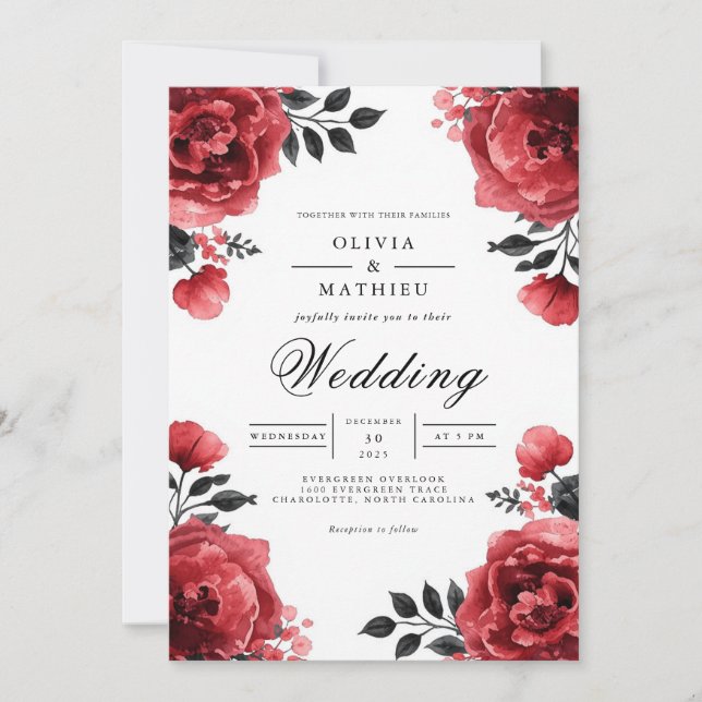 Crimson Bloom Floral Accent Wedding Einladung (Vorderseite)
