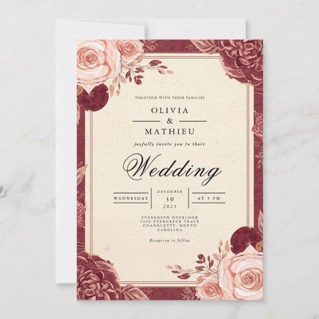 Crimson Bloom Romantic Floral Wedding Einladung (Vorderseite)