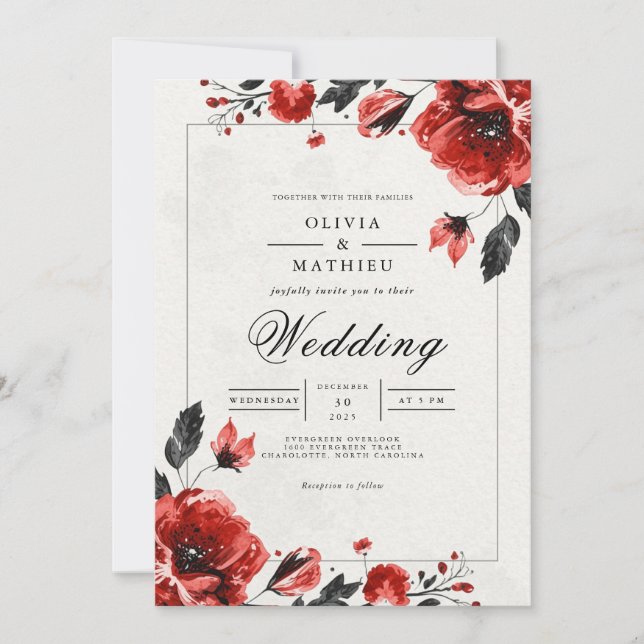 Crimson Bloom Romantische Hochzeit Einladung (Vorderseite)