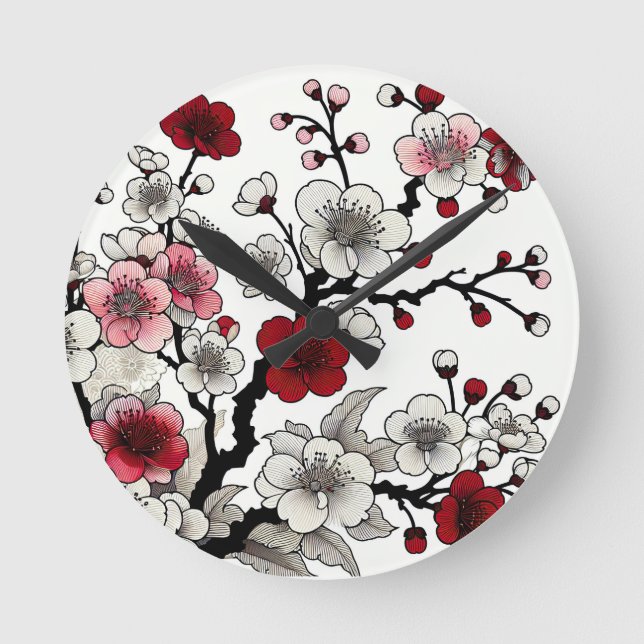 Crimson Blossom Elegance - japanisch Inspirierte F Runde Wanduhr (Vorderseite)