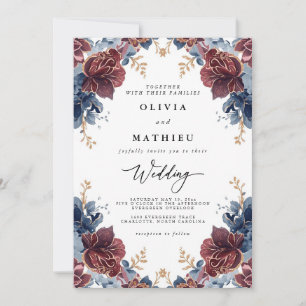 Crimson Blue Floral Romance Wedding Einladung