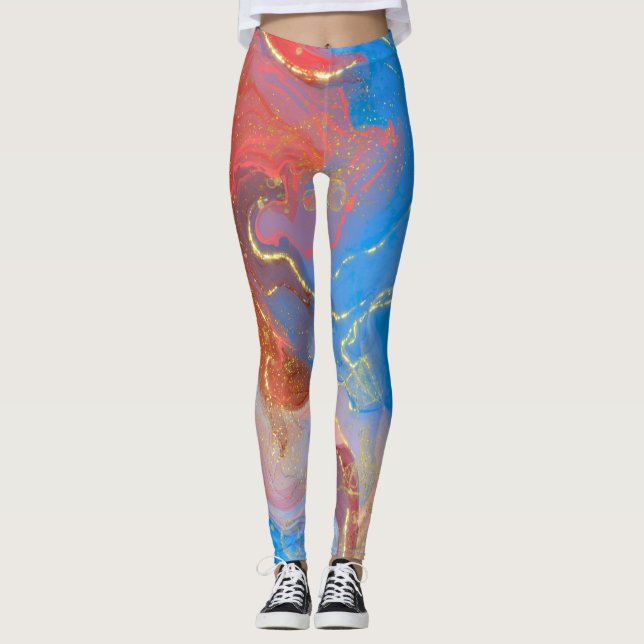 Crimson, Blush, Blau und Gold marmorierter Alkohol Leggings (Vorderseite)
