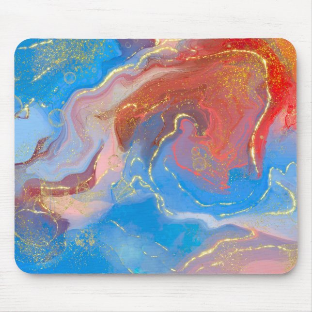 Crimson, Blush, Blau und Gold marmorierter Alkohol Mousepad (Vorne)