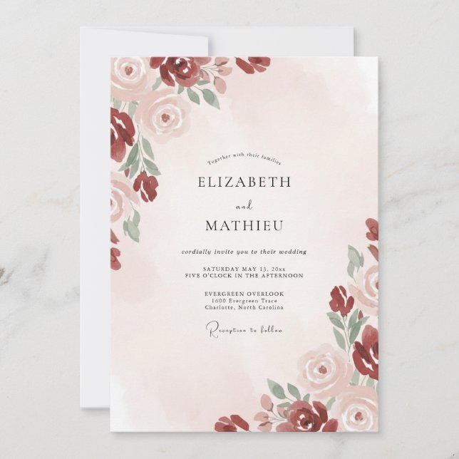 Crimson Blush Bloom Hochzeit Einladung (Vorderseite)