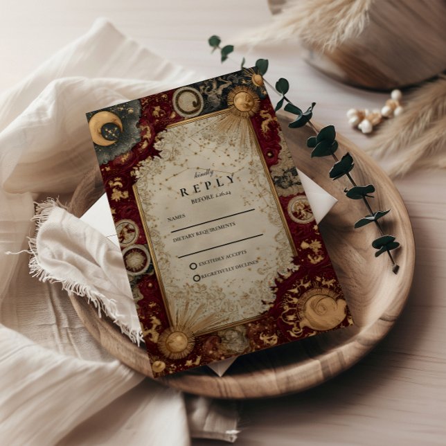 Crimson Celestial Baroque Wedding RSVP Karte (Von Creator hochgeladen)