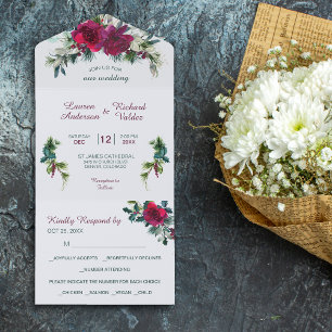 Crimson Christmas Rose Bouquet Wedding All In One Einladung