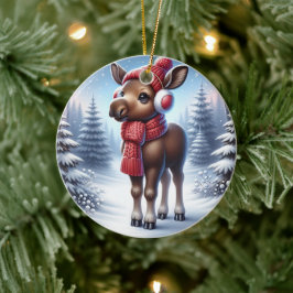 Crimson Cozy: Reindeer in Snowfall Keramik Ornament