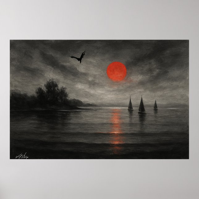 Crimson Descent - Sailboats Beneath the Dragon Sky Poster (Vorne)
