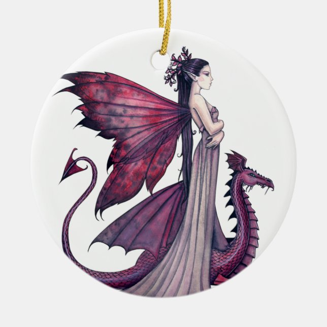Crimson Dragon und Fairy Fantasy Art Keramikornament (Vorne)