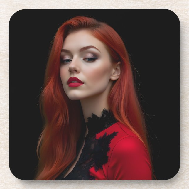 Crimson Elegance: Ein gotisches Portrait Getränkeuntersetzer (Vorderseite)