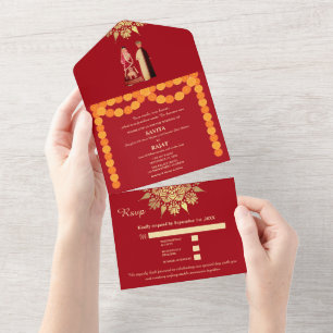 Crimson Elegance Modern Red & Gold Indian Wedding All In One Einladung