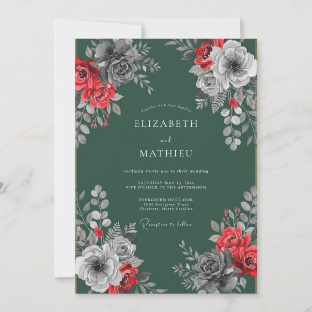 Crimson Emerald Blossom Hochzeit Einladung (Vorderseite)