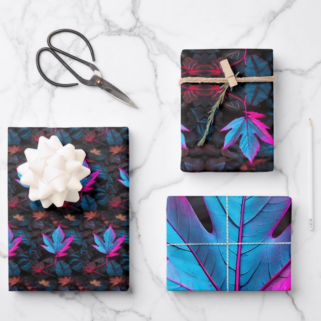 Crimson-Equent Blue - Vivid Leaf Wrapping Paper Geschenkpapier Set (Vorderseite)