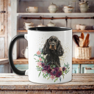 Crimson Floral Bouquet Black Tan Cocker Spanel Tasse