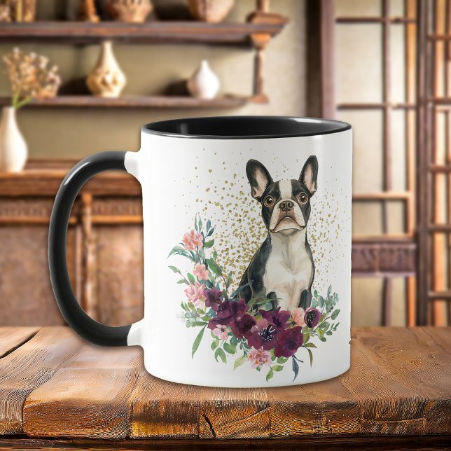 Crimson Floral Bouquet Boston Terrier Dog Tasse (Von Creator hochgeladen)