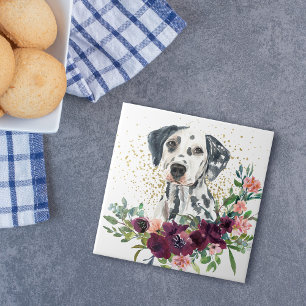 Crimson Floral Bouquet Dalmatiner Dog Fliese
