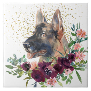 Crimson Floral Bouquet German Shepherd Dog Fliese