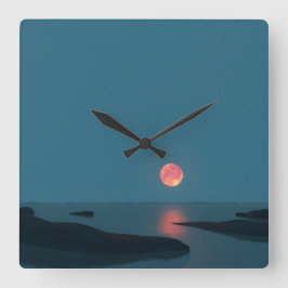Crimson Full Moon Over Calm Waters Quadratische Wanduhr