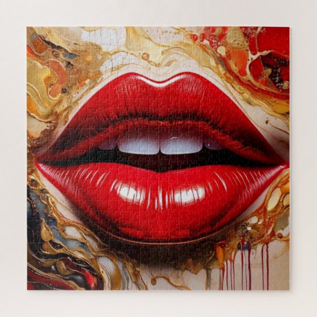 Crimson Gloss: Bold Red Lips & Liquid Gold Puzzle (Vertikal)