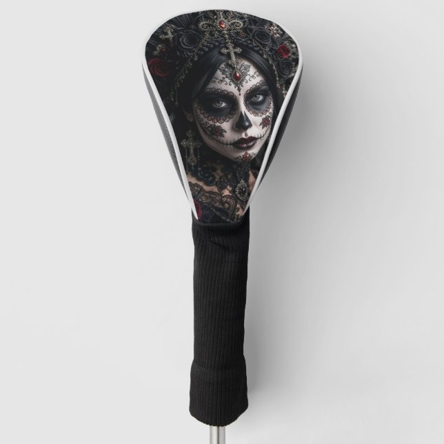 Crimson Gothic Calavera – Schwarze Rose Golf Headcover (Vorderseite)