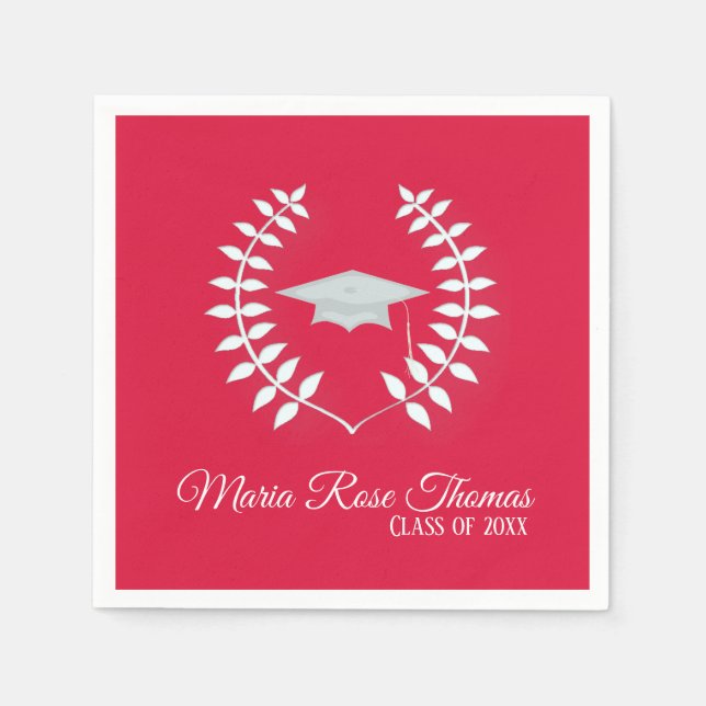Crimson Grad Cap & Blätter Paper Napkins Serviette (Vorderseite)