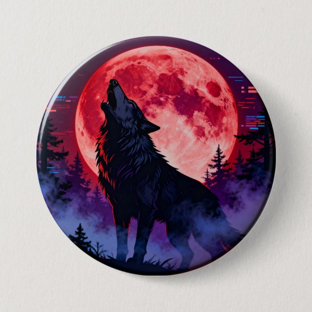 Crimson Howl: Cyberpunk-Wolf unter dem Blutmond  Button (Vorderseite)