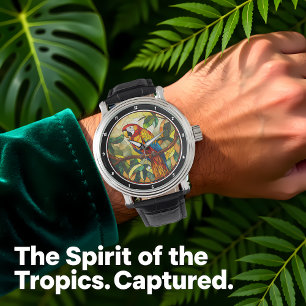 "Crimson Jungle Time" - Buntglas Roter Papagei Armbanduhr