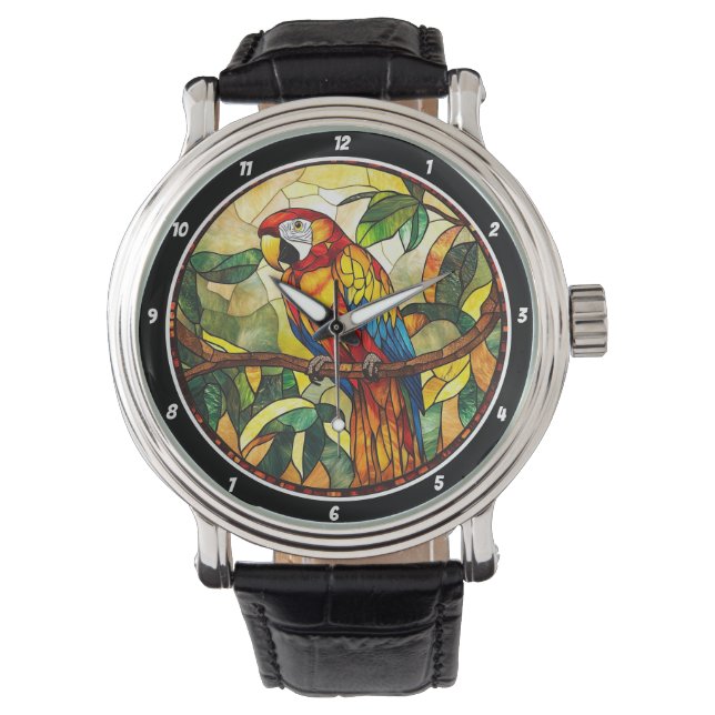 Crimson Jungle Time" - Stained Glass Red Parrot Armbanduhr (Vorderseite)