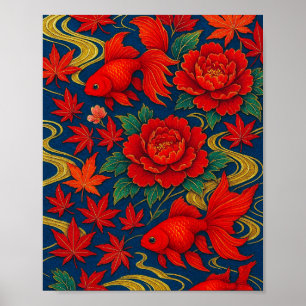 Crimson Koi Tanz im Herbst Bloom Poster