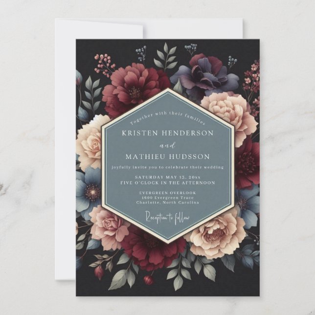 Crimson Midnight Flora Hochzeit Einladung (Vorderseite)