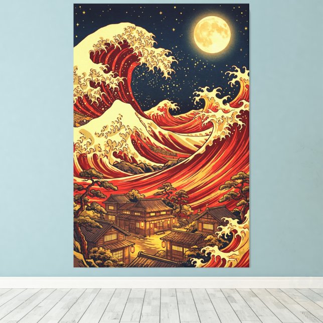 Crimson Moon Over Japanese Coast – Ukiyo-e Style Leinwanddruck (Insitu (Holzboden))