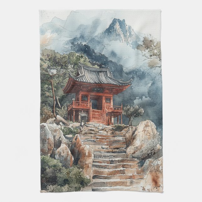 Crimson Mountain Pagode Tuschwaschung (2) Geschirrtuch (Vertikal)