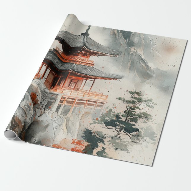 Crimson Mountain Pagode Tuschwaschung (3) Geschenkpapier (Ungerollt)