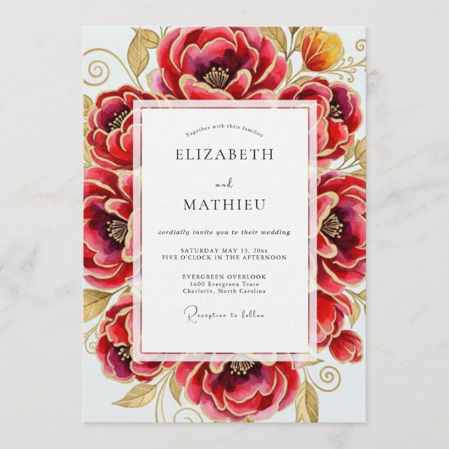 Crimson Opulente Blütenhochzeit Einladung (Vorderseite)