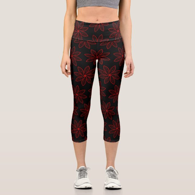 Crimson Pattern auf schwarz Capri Leggings (Vorderseite)