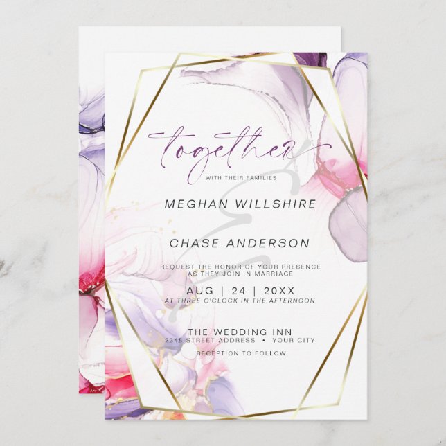 Crimson Pink Lilac Fluid Alkohol Tinte Wasserfarbe Einladung (Vorne/Hinten)