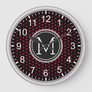 Crimson Polka Dots Modern Monogram Große Wanduhr