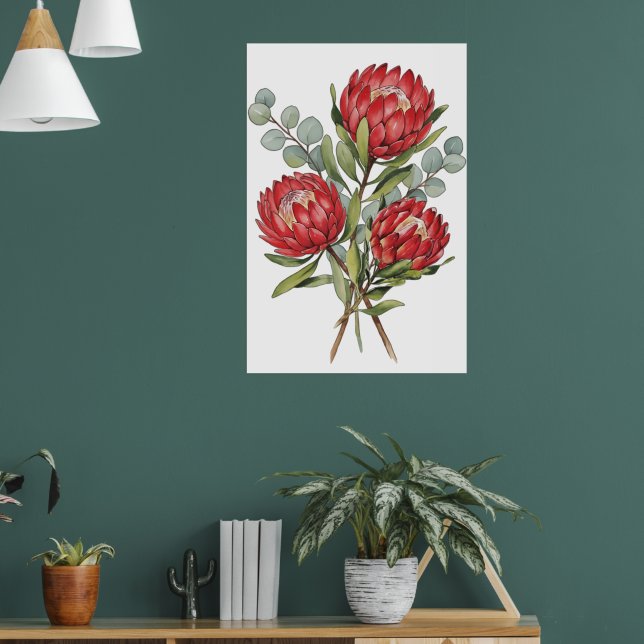 Crimson Protea Bouquet Watercolor Poster (Wohnzimmer 1)