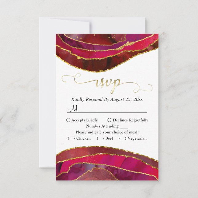 Crimson Red Agate Modern Watercolor Gold RSVP Kart Karte (Vorderseite)