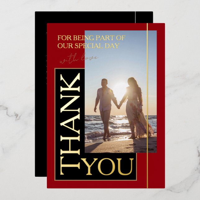 Crimson Red Black Foto Hochzeit Danke Gold Gold Folieneinladung (Vorderseite/Rückseite)