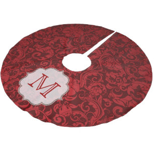 Crimson Red Damask Lac Monogram Initial Tree Skirt Polyester Weihnachtsbaumdecke