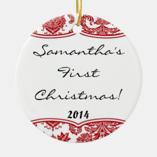 Crimson Red Damask Spitzen Personalisierter Name O Keramikornament